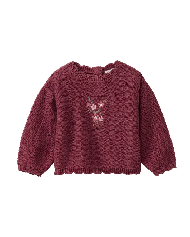 People Wear Organic - Strick-Pullover "Ajour" mit Stickerei bordeaux mélange