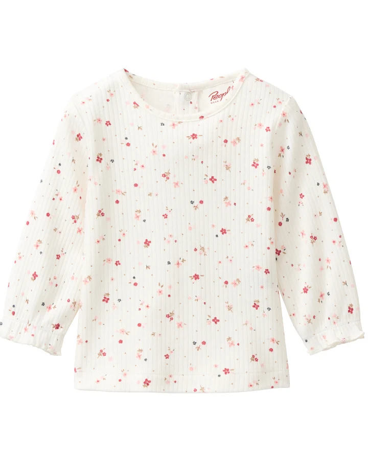 People Wear Organic - Ripp-Langarmshirt mit Rüsche geblümt weiß