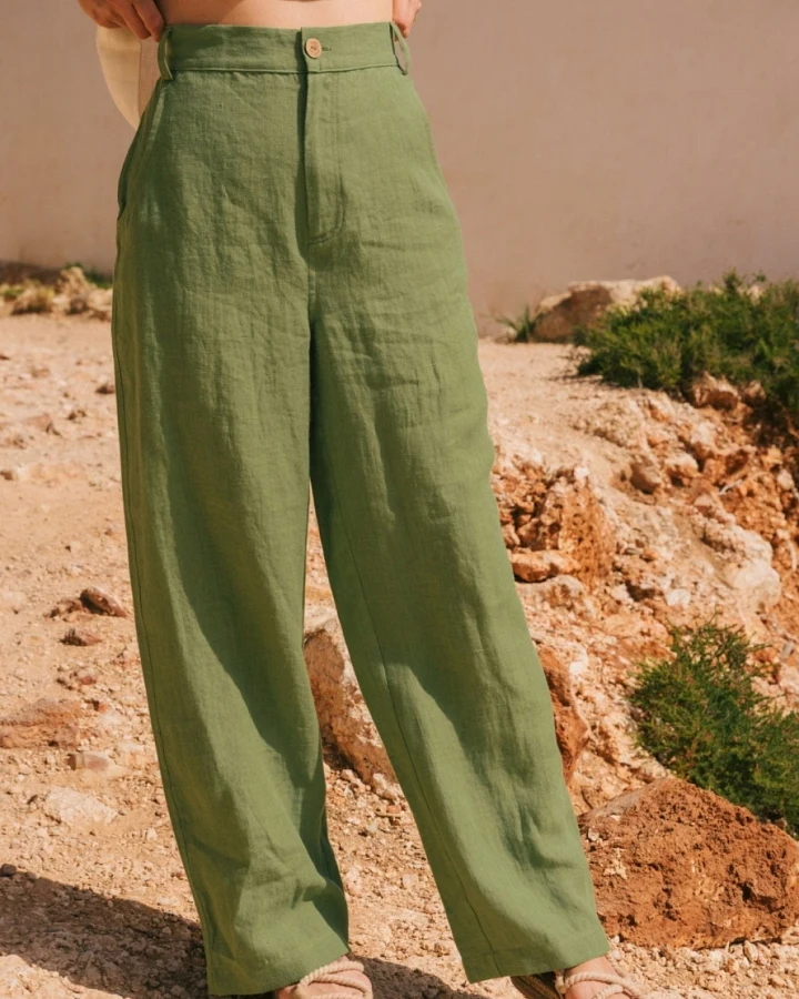 AmourLinen Damen vegan Hose Straight Barbora Matcha Grün