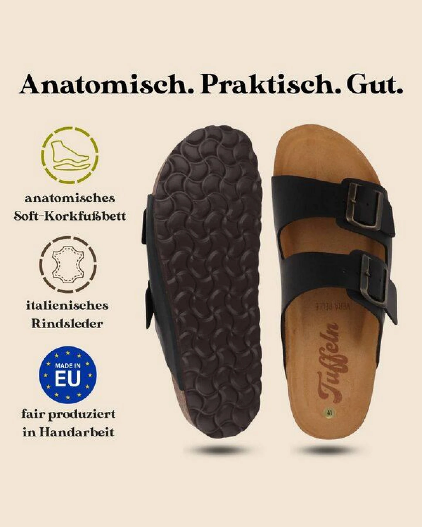 Tuffeln Leder-Pantoletten Föhr mit weichem Kork-Fußbett Zweischnaller-Sandalen – Ansicht 3