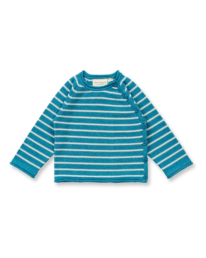 Baby Strick-Wickeljacke türkis-creme geringelt, Modell P. PICASSO