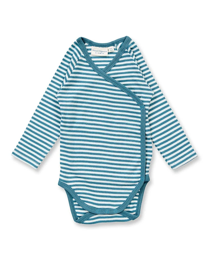 Baby Wickelbody blau-weiß geringelt, Modell YGON