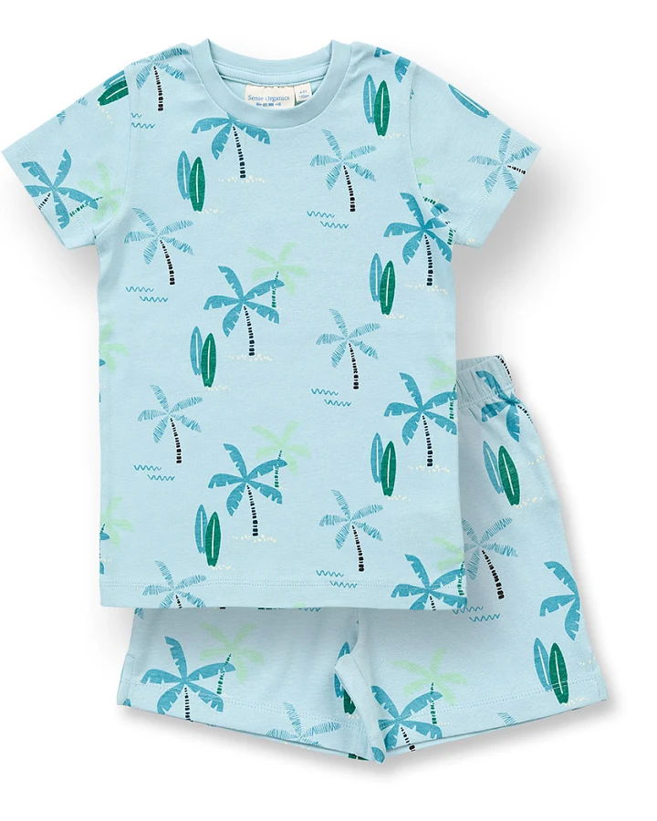 Kurzer Kinderschlafanzug in blau mit Palmen-Druck, Modell KAFKA