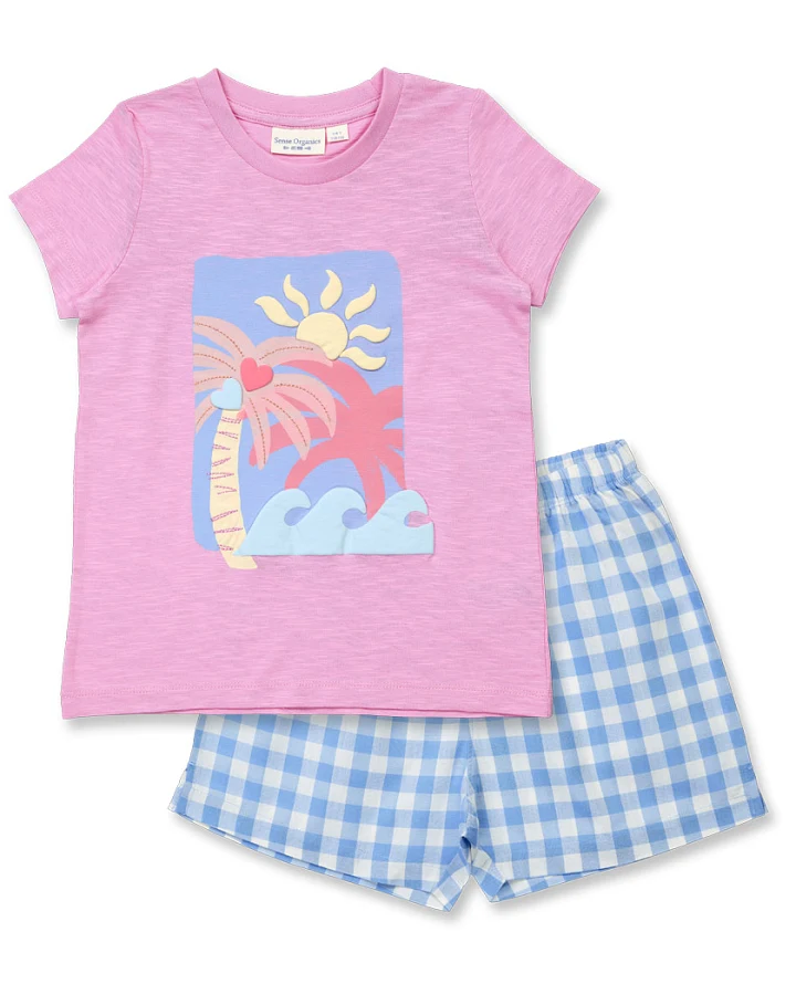 Kurzer Mädchenschlafanzug mit Strand-Druck und Shorts aus Voile Stoff