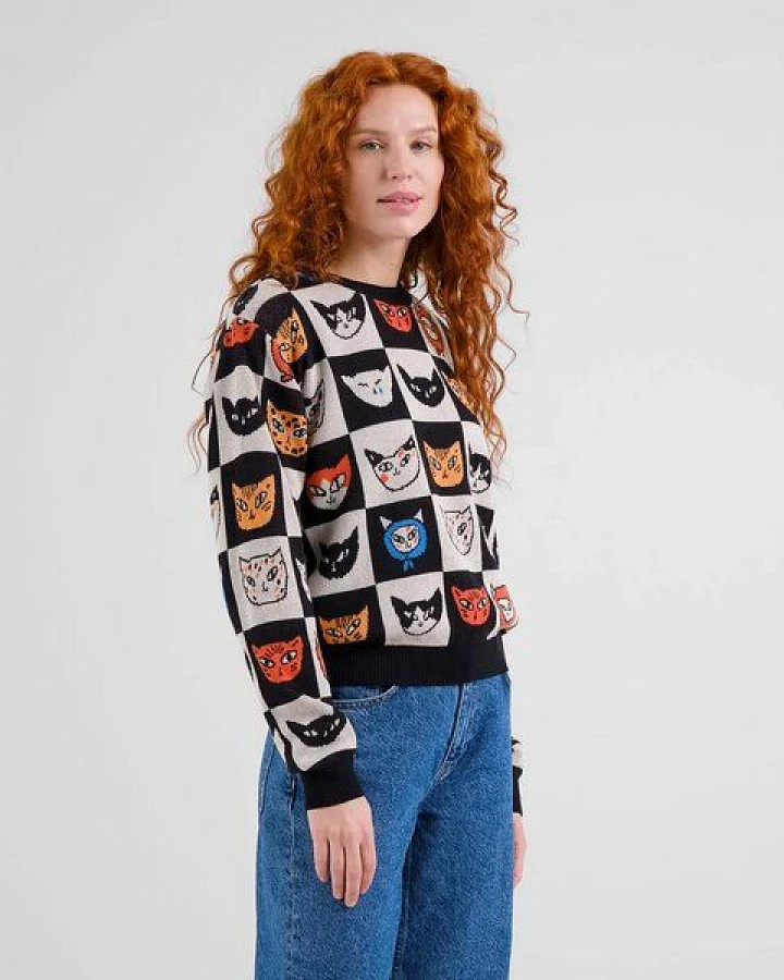 DEDICATED Damen Strickpullover Sweater Arendal Cat Bingo