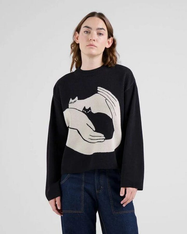 DEDICATED Damen Strickpullover Sweater Limhamn Kittens Black