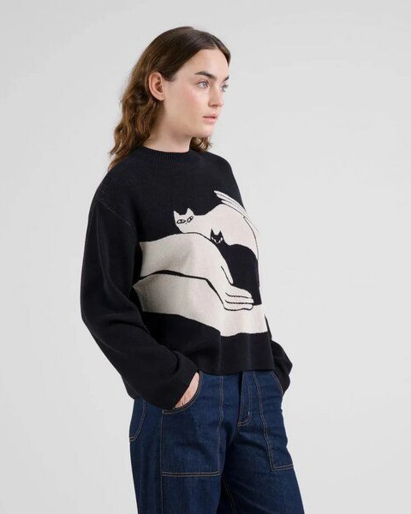 DEDICATED Damen Strickpullover Sweater Limhamn Kittens Black – Ansicht 4