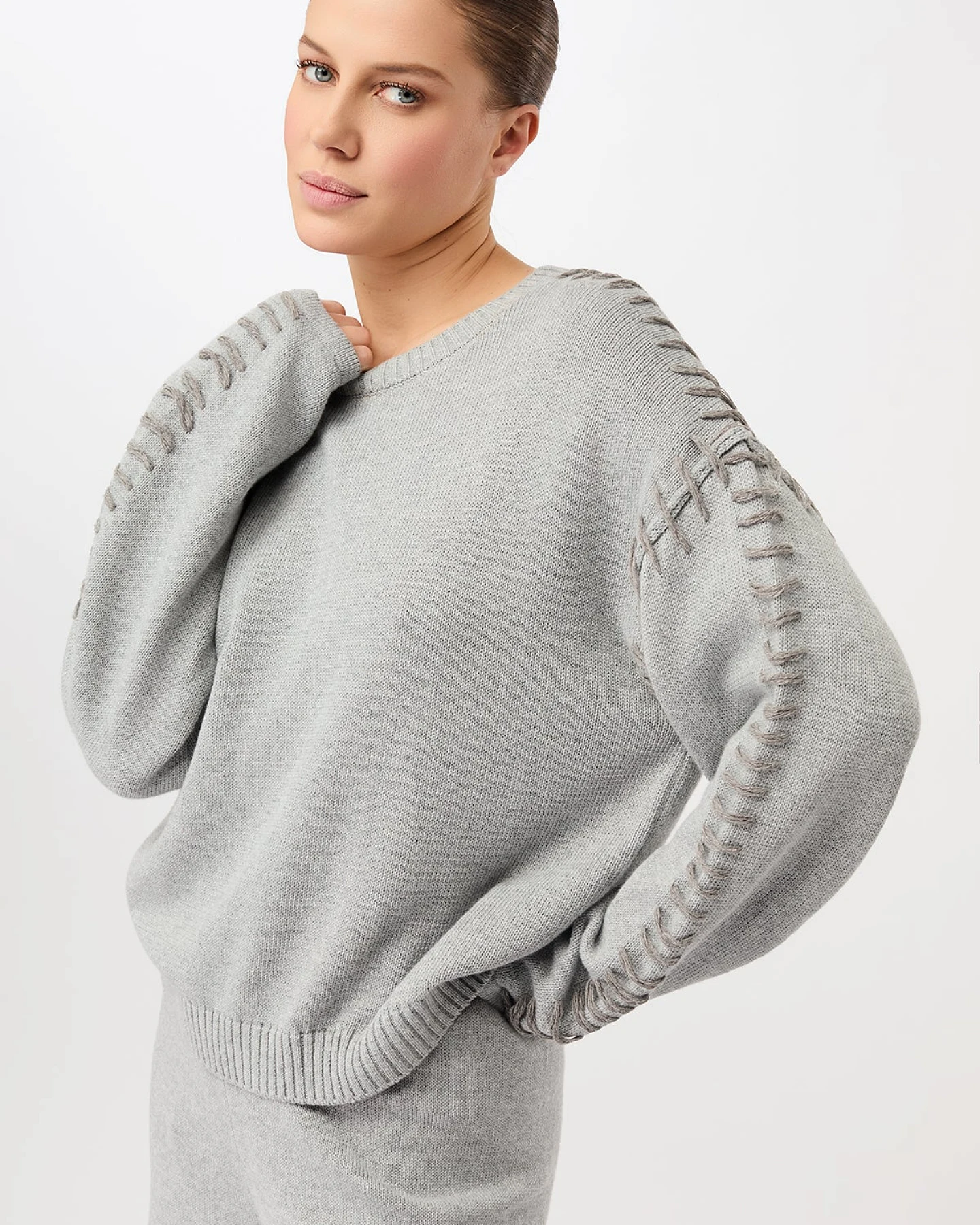 MANDALA Damen vegan Locker Sitzender Grauer Strickpullover – Ansicht 2