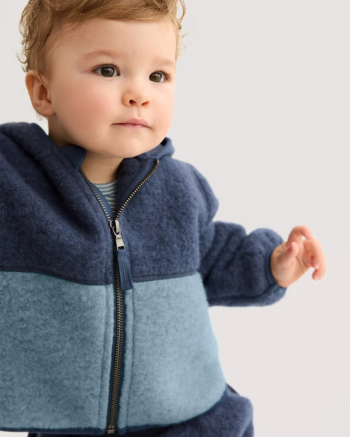 hessnatur Baby Wollfleece Jacke Colourblock aus Bio-Merinowolle - blau - Größe 62/68