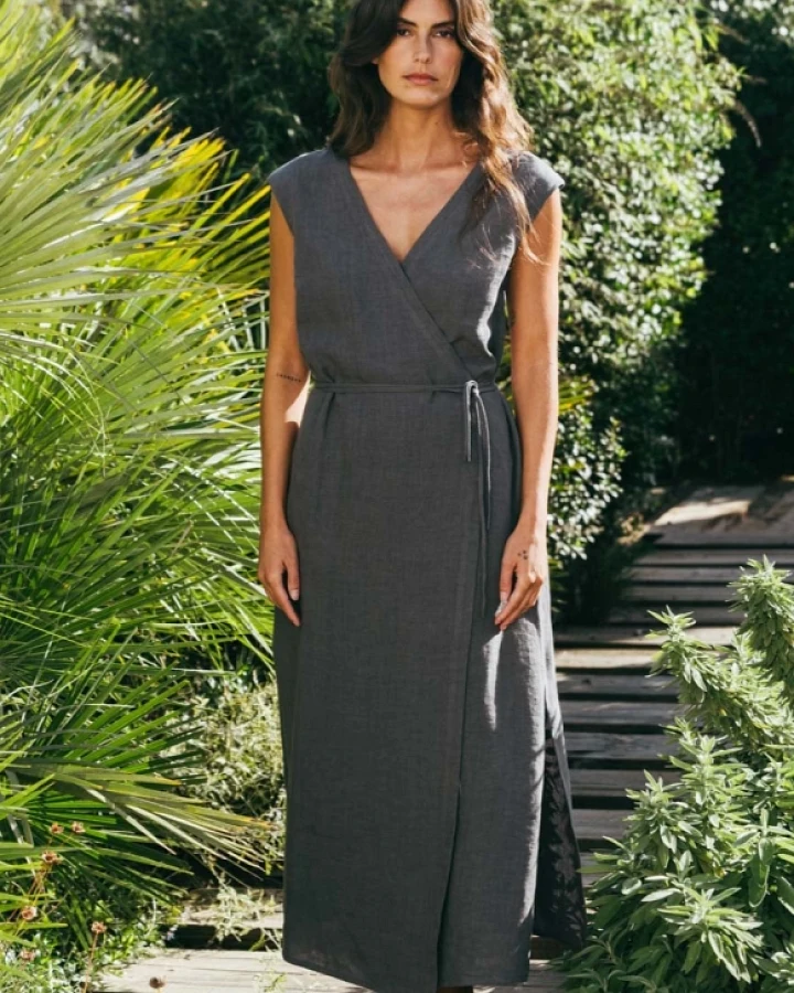 AmourLinen Damen vegan Kleid Mittellang Aurora Anthrazit