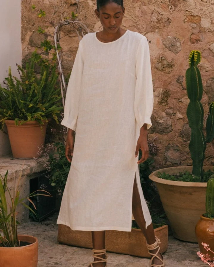 AmourLinen Damen vegan Kleid Lang Länge Amalia Weiß