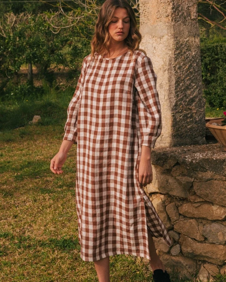 AmourLinen Damen vegan Kleid Lang Länge Amalia Mocha Gingham