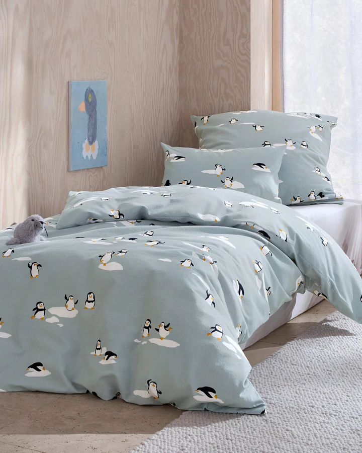 hessnatur Baby Biber Bettwäsche Pinguin aus Bio-Baumwolle - blau - Größe 100x135 / 40x60 cm