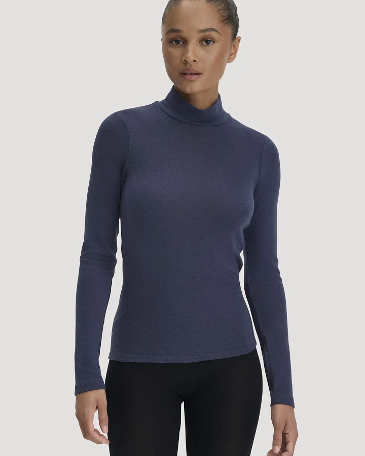 hessnatur Damen Rollkragen-Longsleeve Fitted aus Schurwolle und Seide - blau - Größe 48