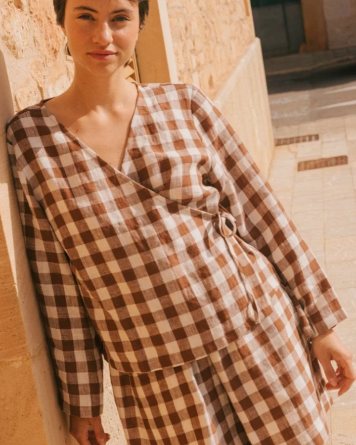 AmourLinen Damen vegan Wickeltop Adele Mocha Gingham