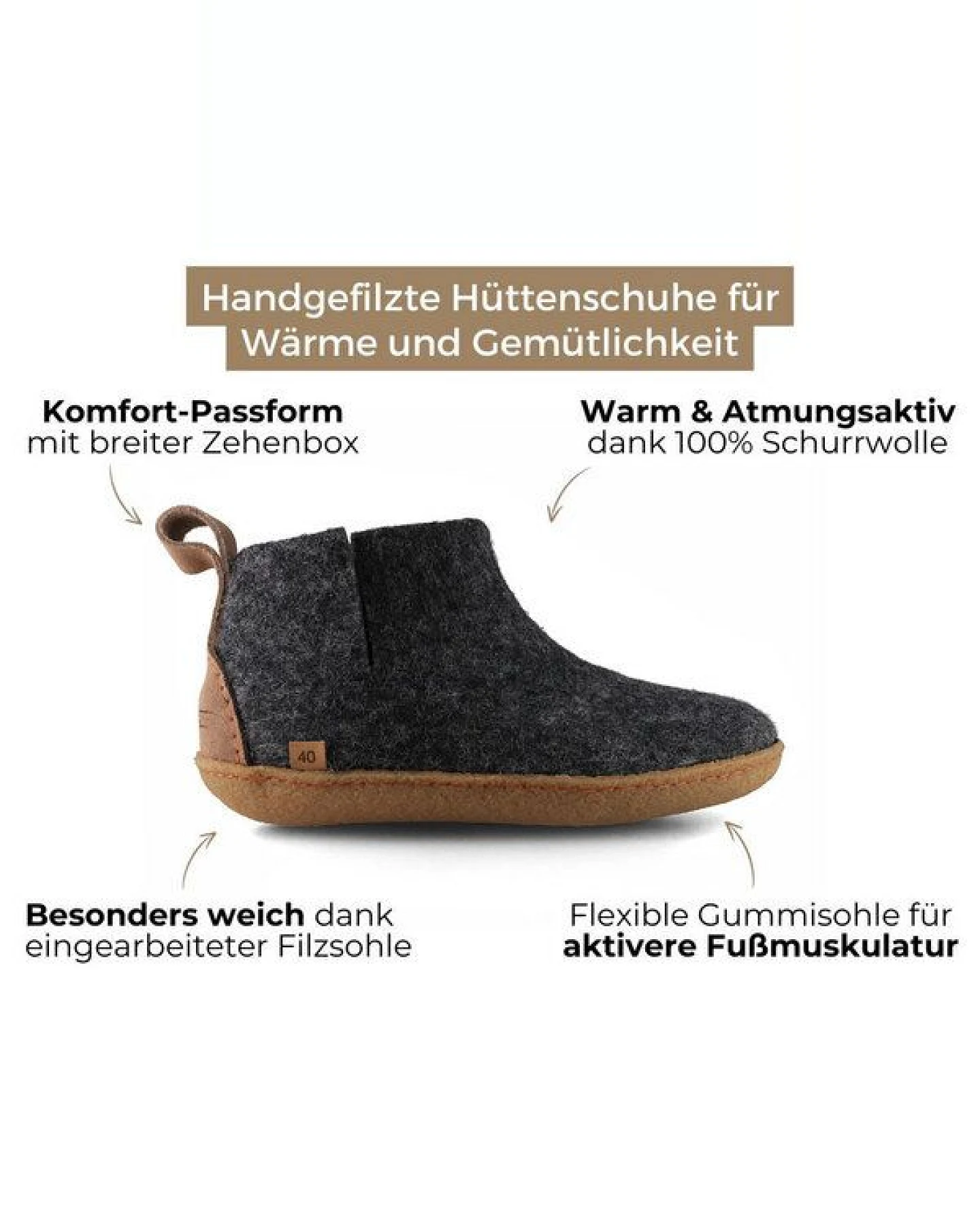 WoolFit Yeti Filzboots hohe Hausschuhe mit Naturgummisohle, handgefilzt aus 100% Wolle – Ansicht 3