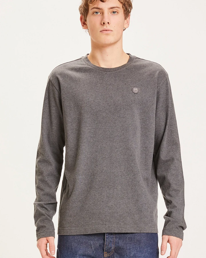 KnowledgeCotton Apparel Herren vegan Langärmeliges Abzeichen Dunkelgrau Melange