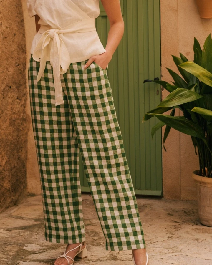 AmourLinen Damen vegan Hose Straight Barbora Grün Gingham