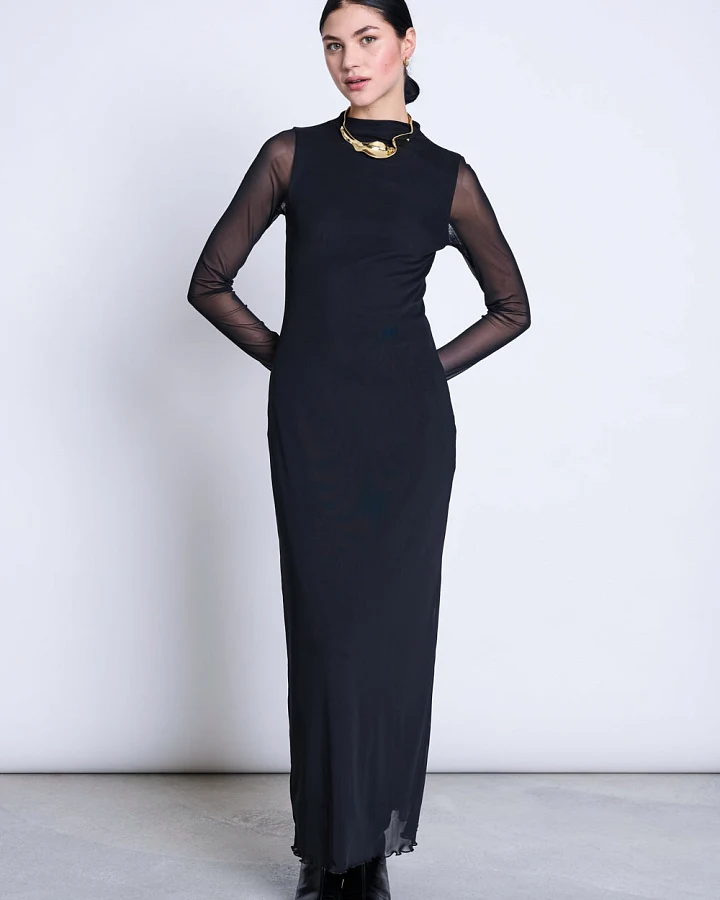 JAN 'N JUNE Damen vegan Zaldi Langarm-Kleid Aus Netzstoff Schwarz