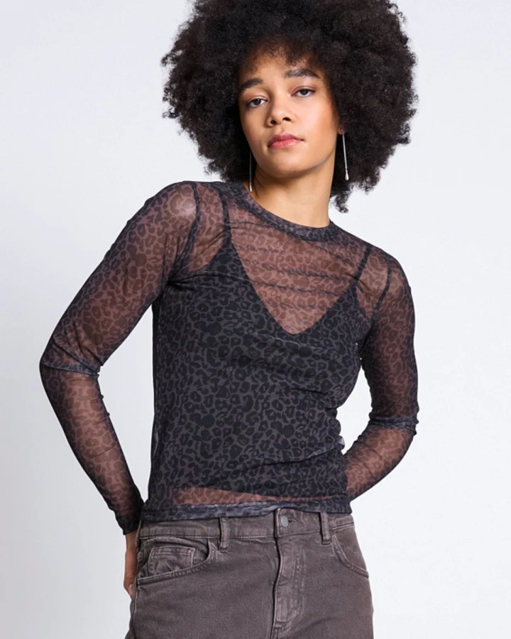 Longsleeve Dora Mesh Dark Leo Print Braun