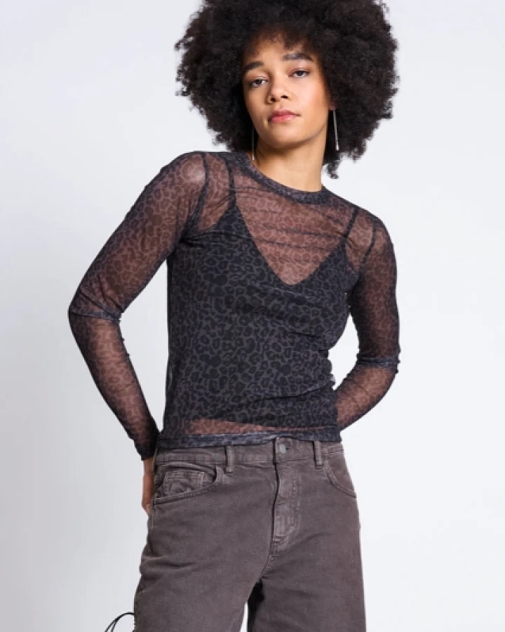 JAN 'N JUNE Damen vegan Langarm-Shirt Aus Mesh Mit Dora Dark Leo Print