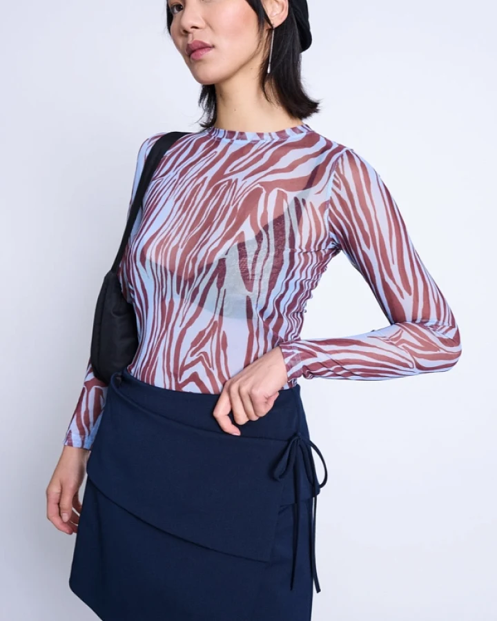 JAN 'N JUNE Damen vegan Langarm-Shirt Aus Mesh Dora Blau Zebra-Muster
