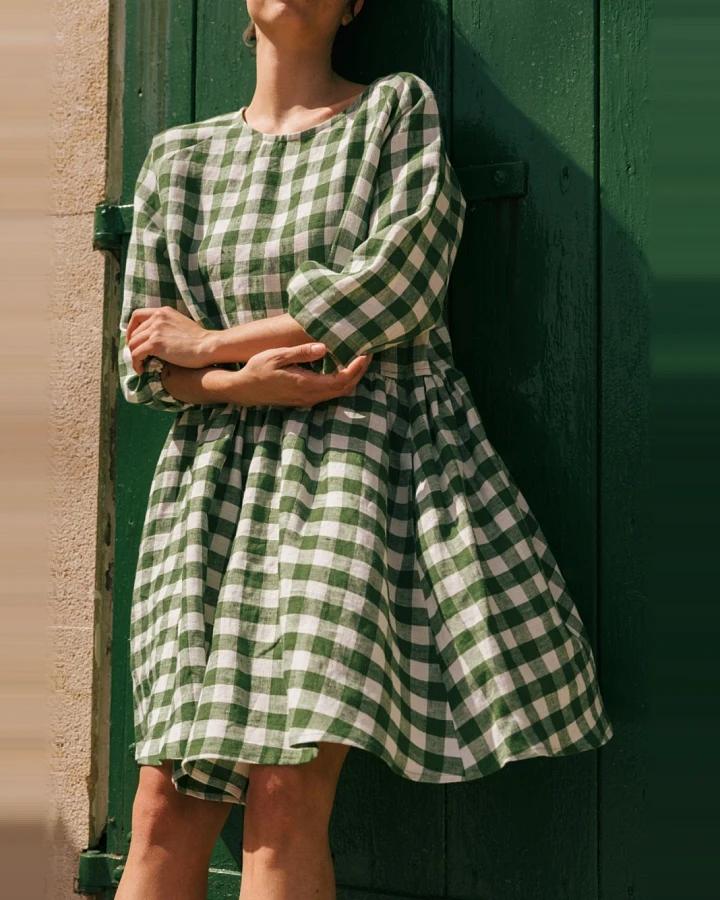 AmourLinen Damen vegan Kleid Sofia Grün Gingham