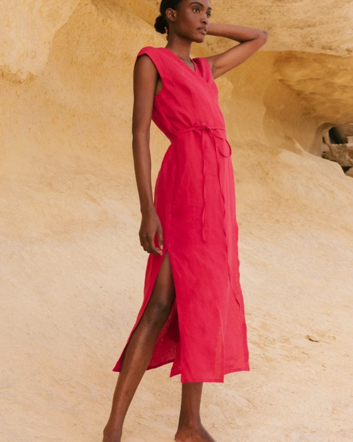 AmourLinen Damen vegan Kleid Mittellang Aurora Viva Magenta