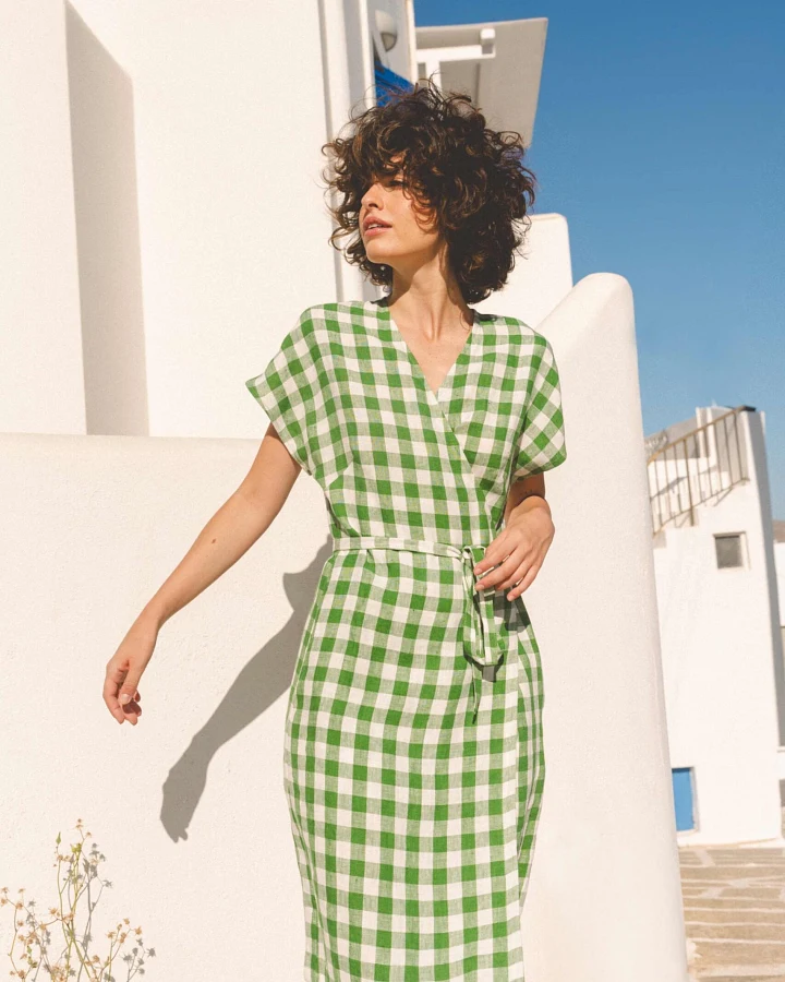 AmourLinen Damen vegan Wickelkleid Olivia Grün Gingham