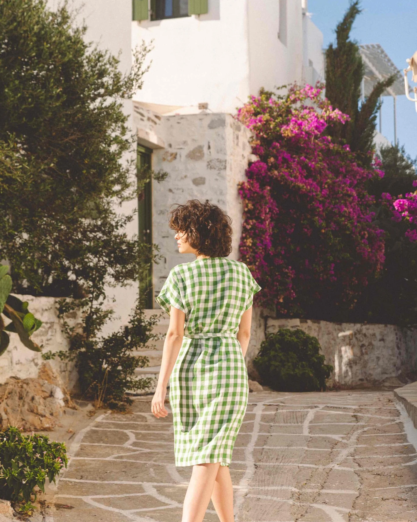 AmourLinen Damen vegan Wickelkleid Olivia Grün Gingham – Ansicht 2