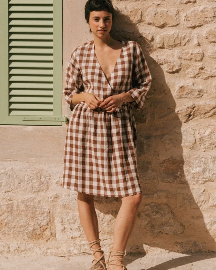 AmourLinen Damen vegan Kleid Daphne Mocha Gingham