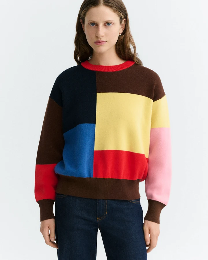 Thinking MU Damen vegan Pullover Petra Color Block In Gelb/Braun/Rot