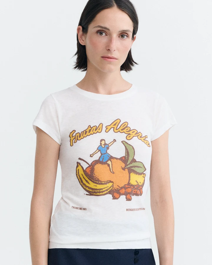 Thinking MU Damen vegan T-Shirt Mirna Slim Fit Früchte Weiß