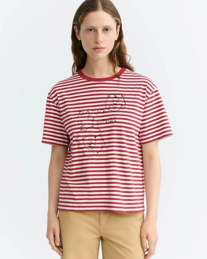 Thinking MU Damen vegan T-Shirt Lucia Bestickte Tiger Und Löwen Rote Streifen