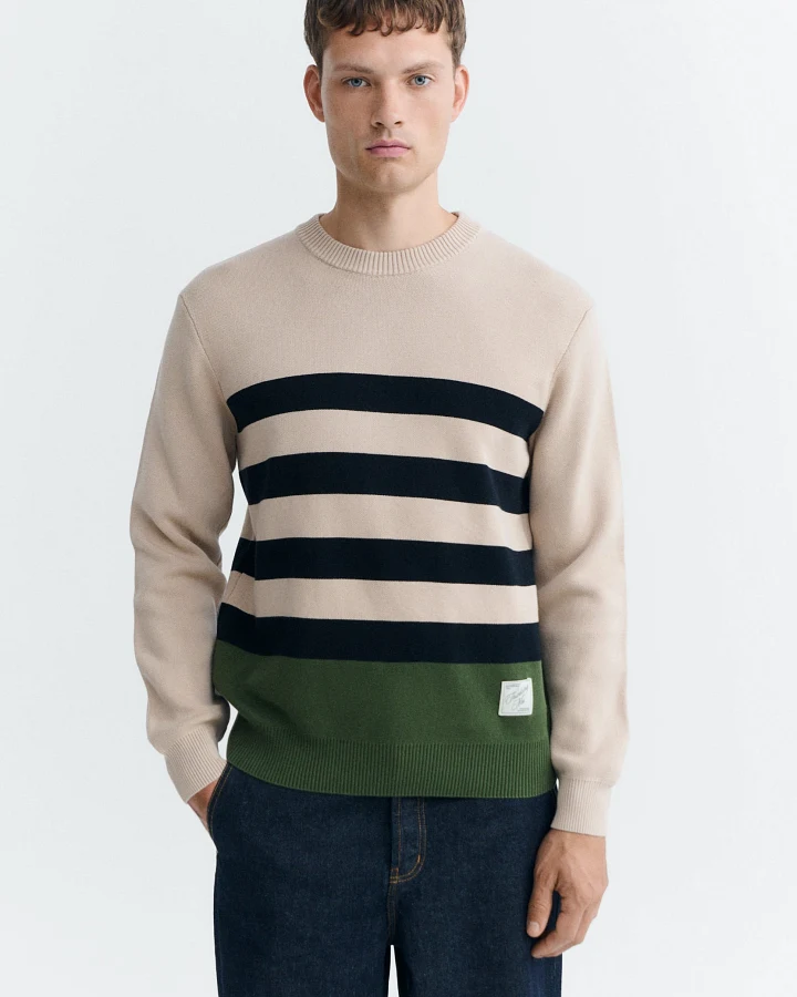Thinking MU Herren vegan Pullover Seth Gestreift Beige/Schwarz/Grün