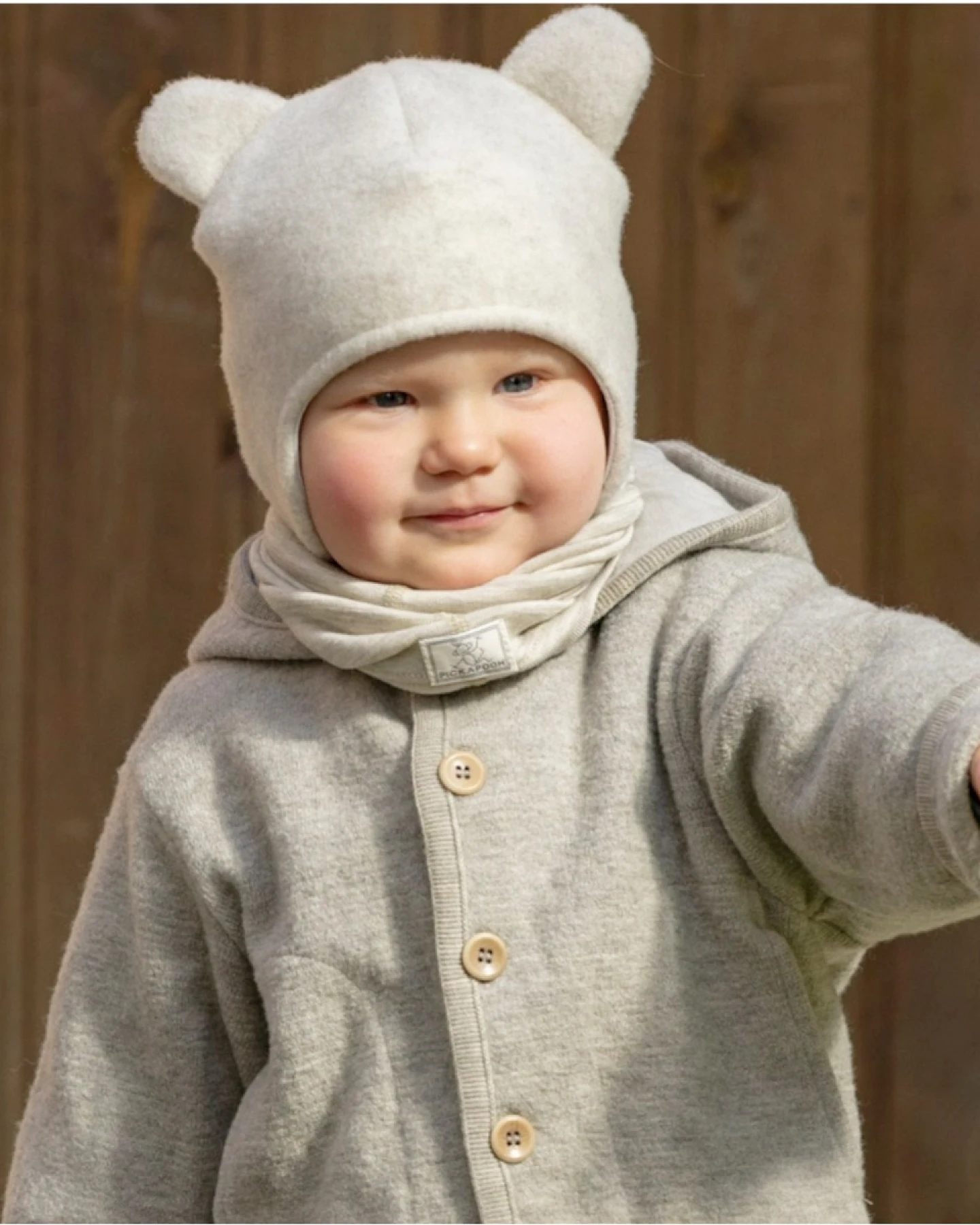 Pickapooh Baby und Kinder Mütze mit Öhrchen Bio-Merinowolle Fleece melange-natur Gr.52 – Ansicht 2