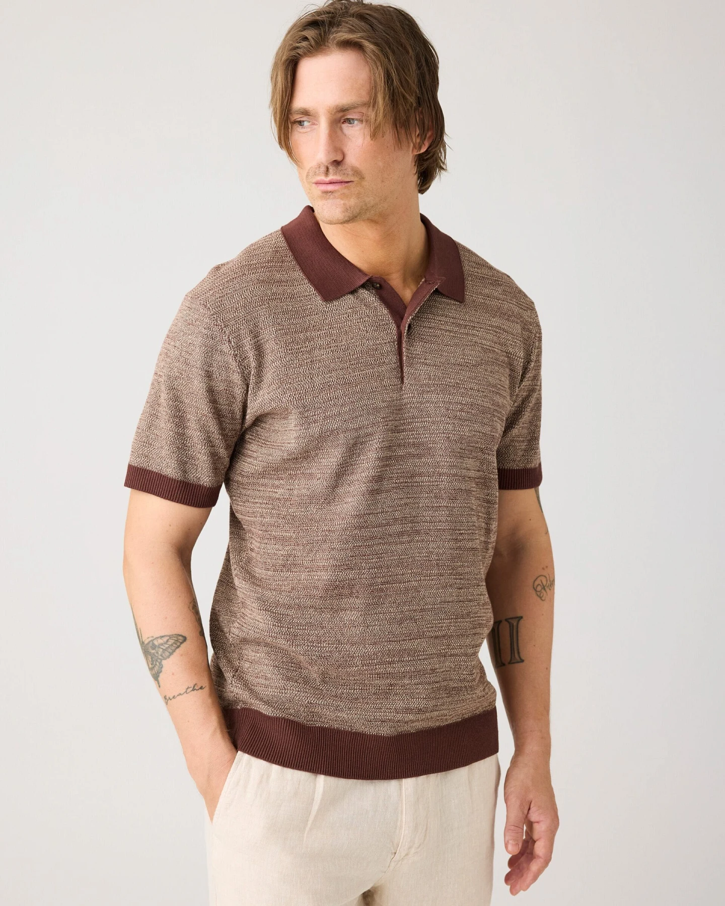 KnowledgeCotton Apparel Herren vegan Gestricktes Polo Rasierte Schokolade – Ansicht 2