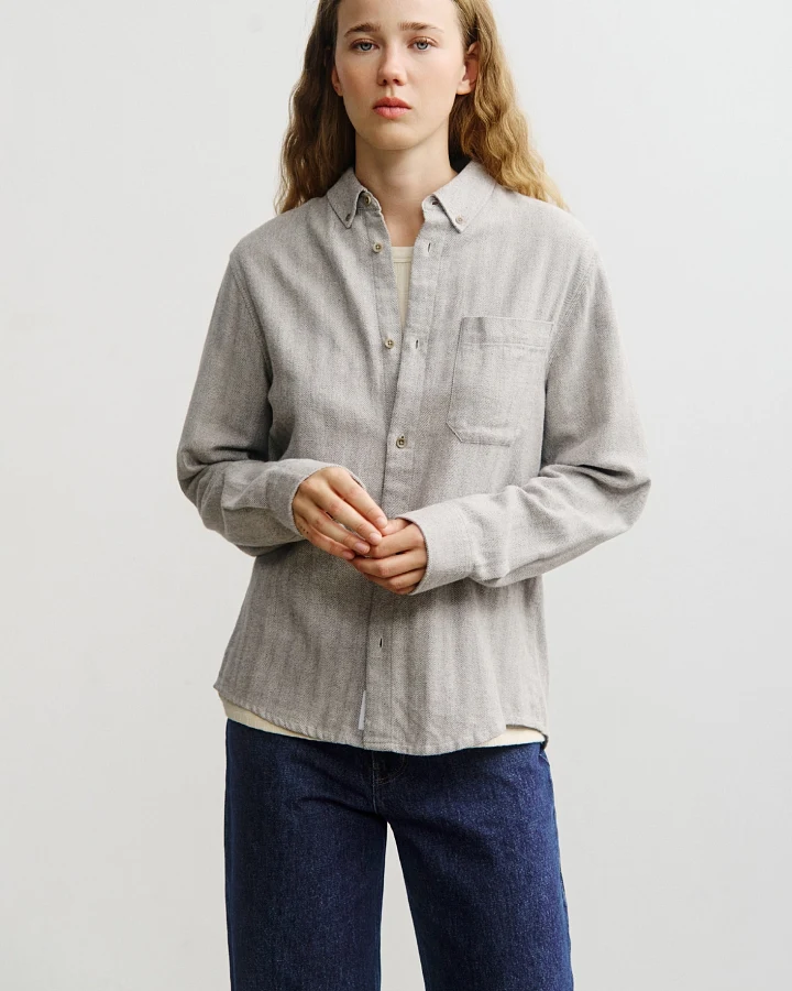 Rotholz Damen vegan Hemd Mit Knopfleiste, Fischgrätenmuster, Grau