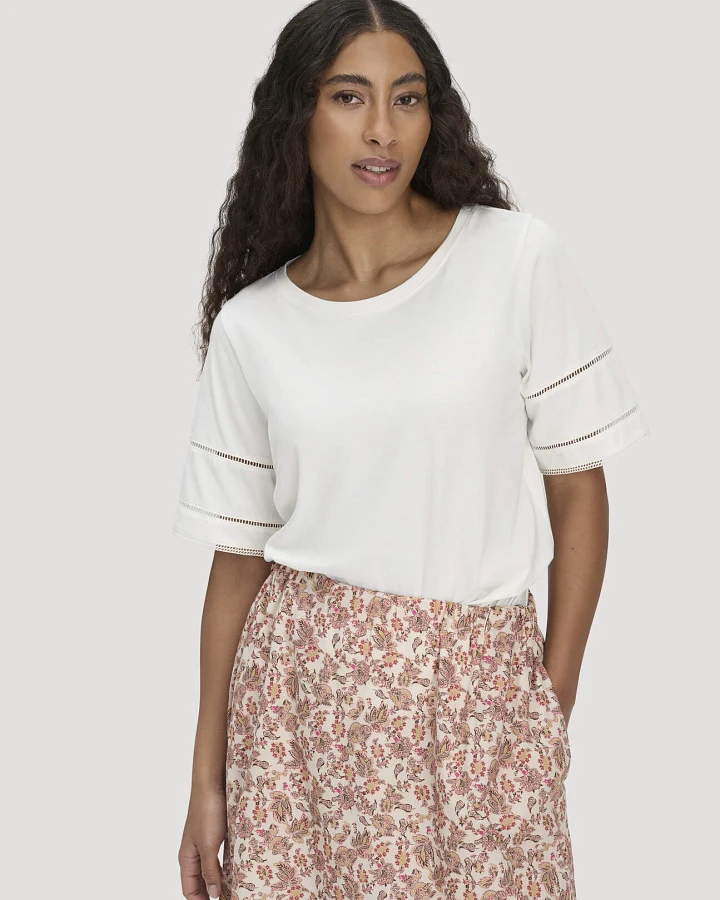 hessnatur Damen Bohemian Lace-T-Shirt Oversize aus Bio-Baumwolle - weiß - Größe S