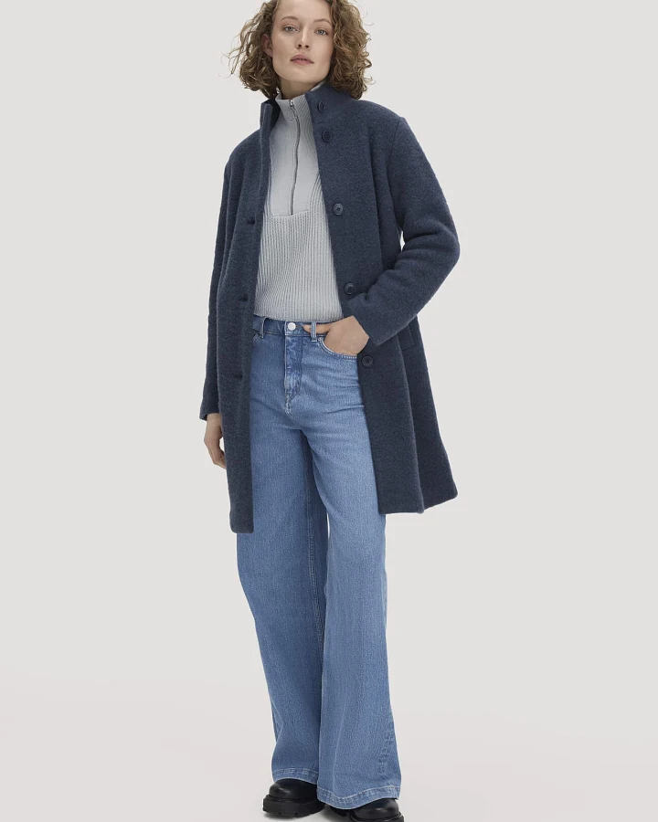 hessnatur Damen Wollfleece Mantel Regular aus Bio-Merinowolle - blau - Größe 44
