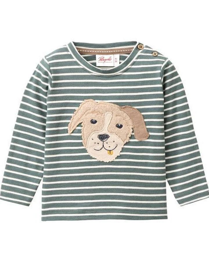 Produktseite: People Wear Organic Langarm Shirt, grün geringelt, "Hund"