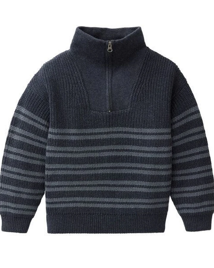 Produktseite: People Wear Organic Strick Pullover Troyer, blau geringelt