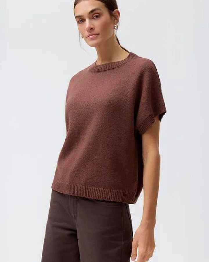 People Wear Organic Boucléstrick Pullover Kurzarm, braun uni