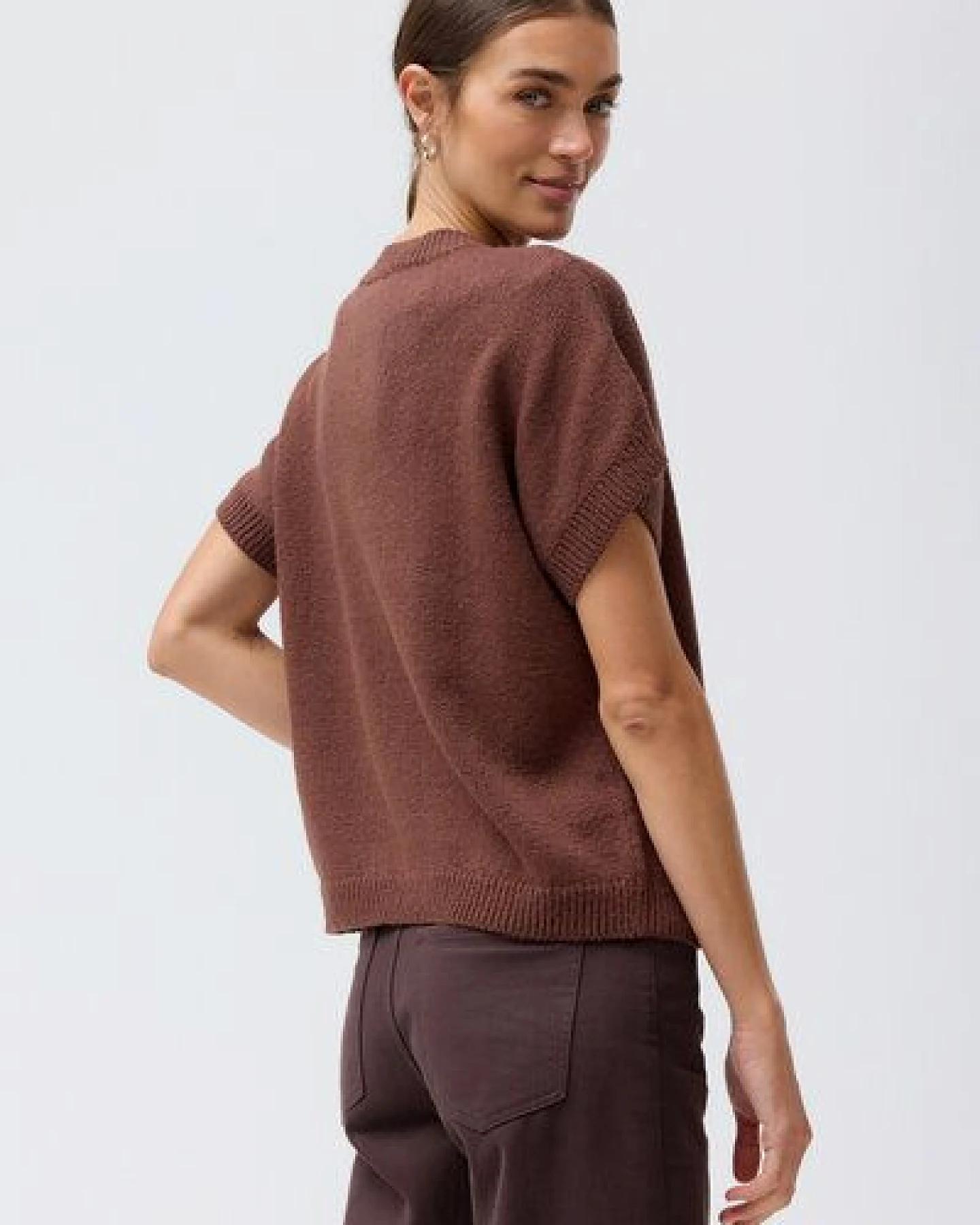 People Wear Organic Boucléstrick Pullover Kurzarm, braun uni – Ansicht 2