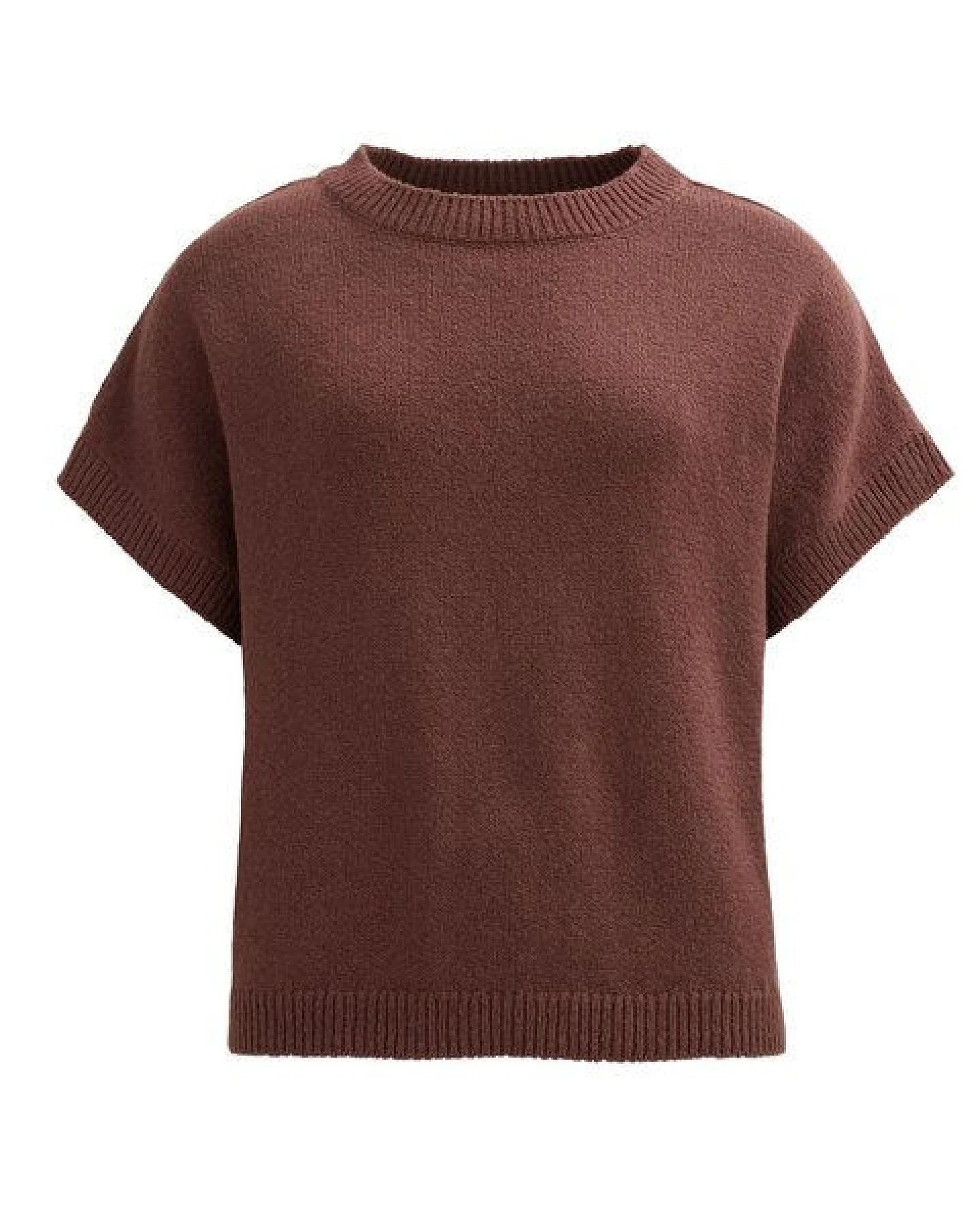 People Wear Organic Boucléstrick Pullover Kurzarm, braun uni – Ansicht 3