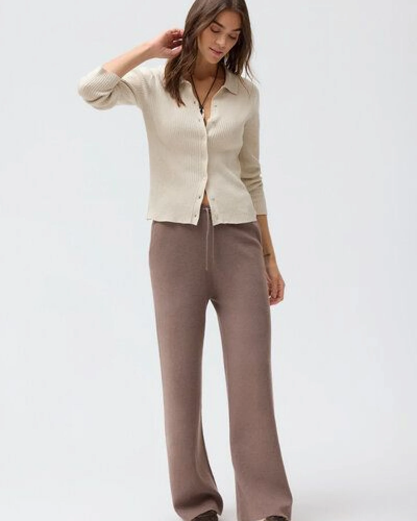 People Wear Organic Rippstrick Strickjacke Polokragen, grau mélange – Ansicht 4
