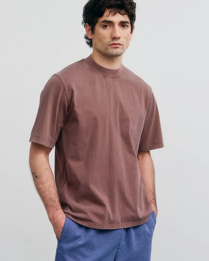 Rotholz Herren vegan T-Shirt Breiter Kragen Verblasst Braun