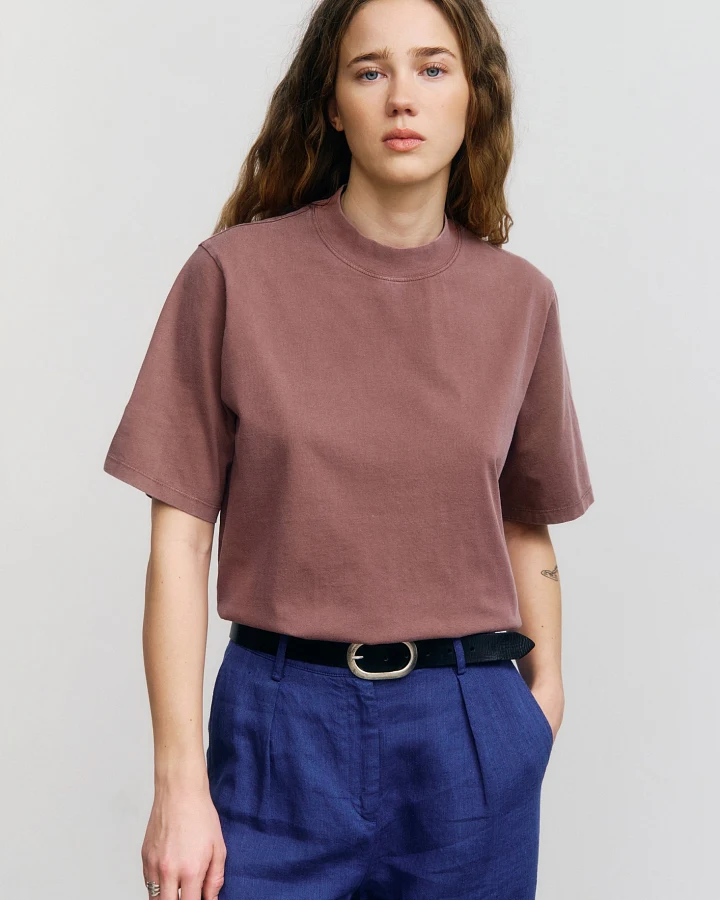 Rotholz Damen vegan T-Shirt Breiter Kragen Verblasst Braun