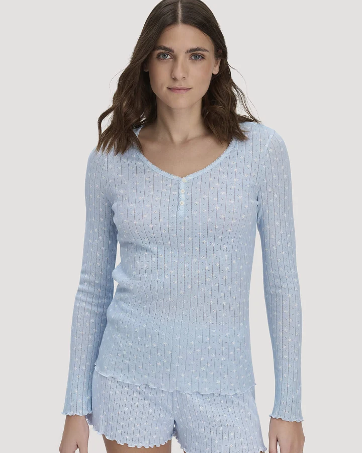 hessnatur Damen Pointelle Henley Schlafshirt PURE COTTON aus Bio-Baumwolle - blau - Größe 34