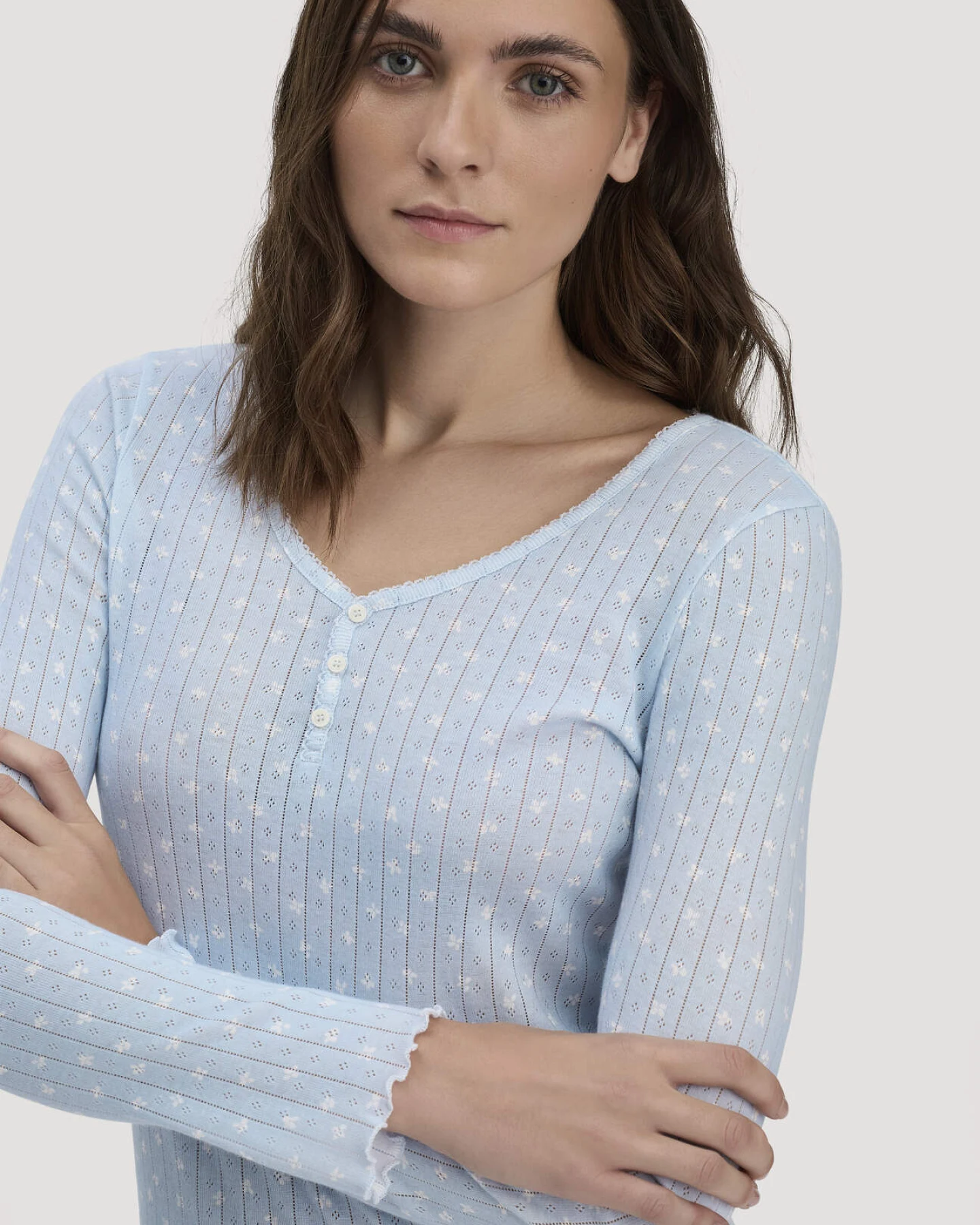 hessnatur Damen Pointelle Henley Schlafshirt PURE COTTON aus Bio-Baumwolle - blau - Größe 46 – Ansicht 2